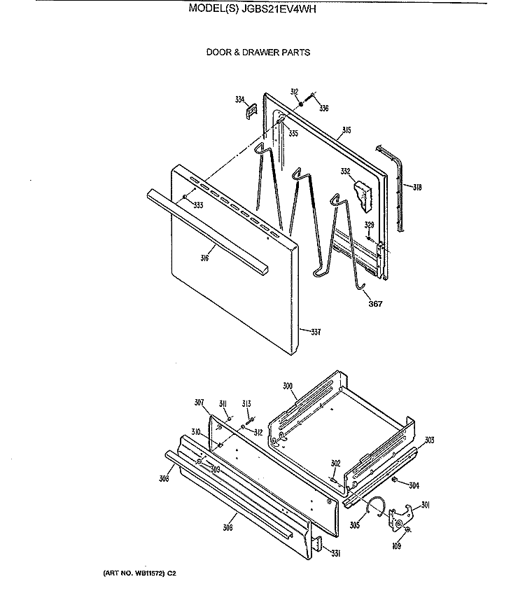 DOOR & DRAWER PARTS Diagram and Parts List for JGBS21EV4WH  General Electric Range