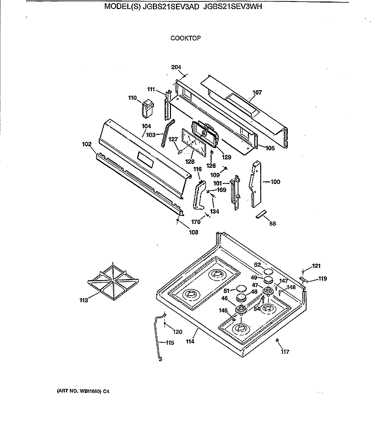 COOKTOP Diagram and Parts List for JGBS21SEV3WH  General Electric Range