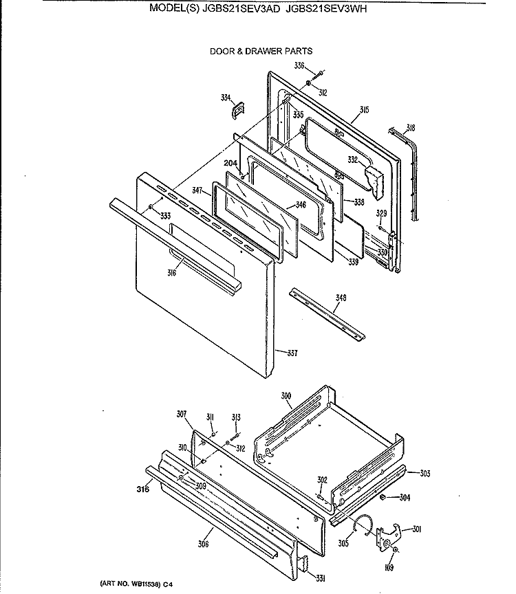 DOOR & DRAWER PARTS Diagram and Parts List for JGBS21SEV3WH  General Electric Range