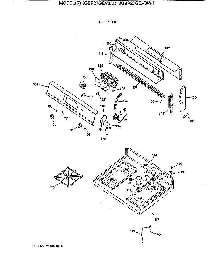 COOKTOP Diagram and Parts List for JGBP27GEV3WH  General Electric Range