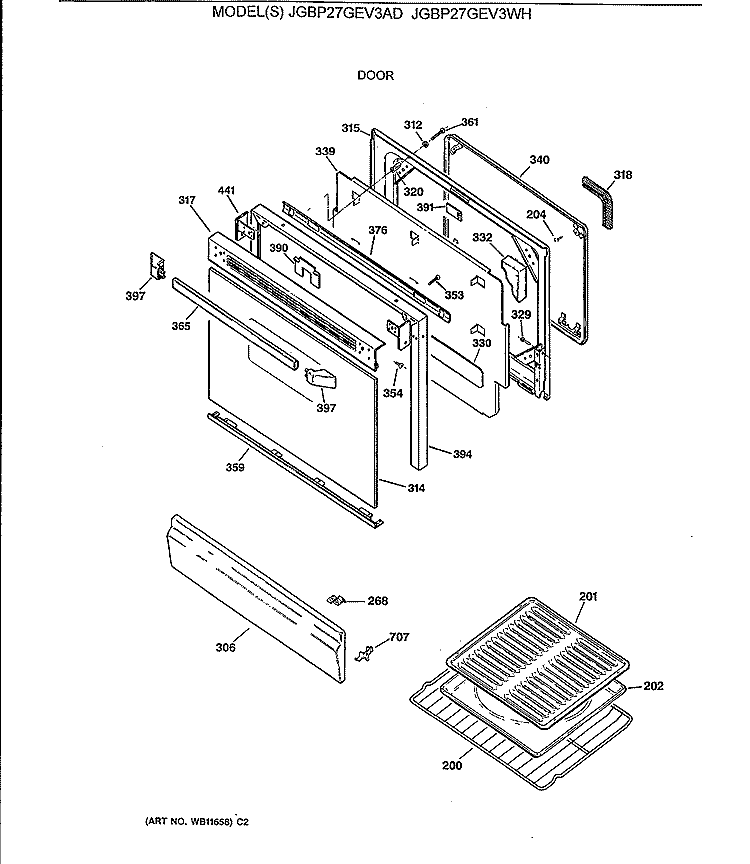 DOOR Diagram and Parts List for JGBP27GEV3WH  General Electric Range