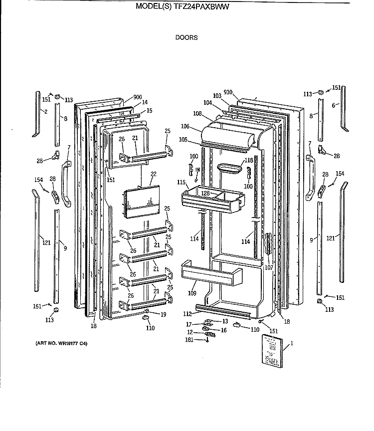 DOORS Diagram and Parts List for TFZ24PAXBWW  General Electric Refrigerator