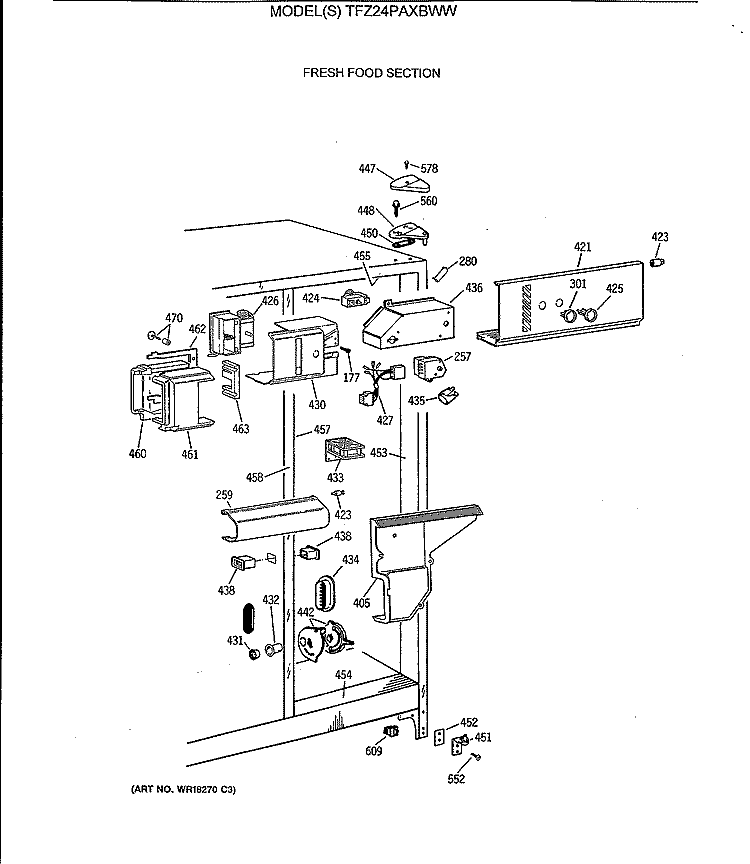 FRESH FOOD SECTION Diagram and Parts List for TFZ24PAXBWW  General Electric Refrigerator