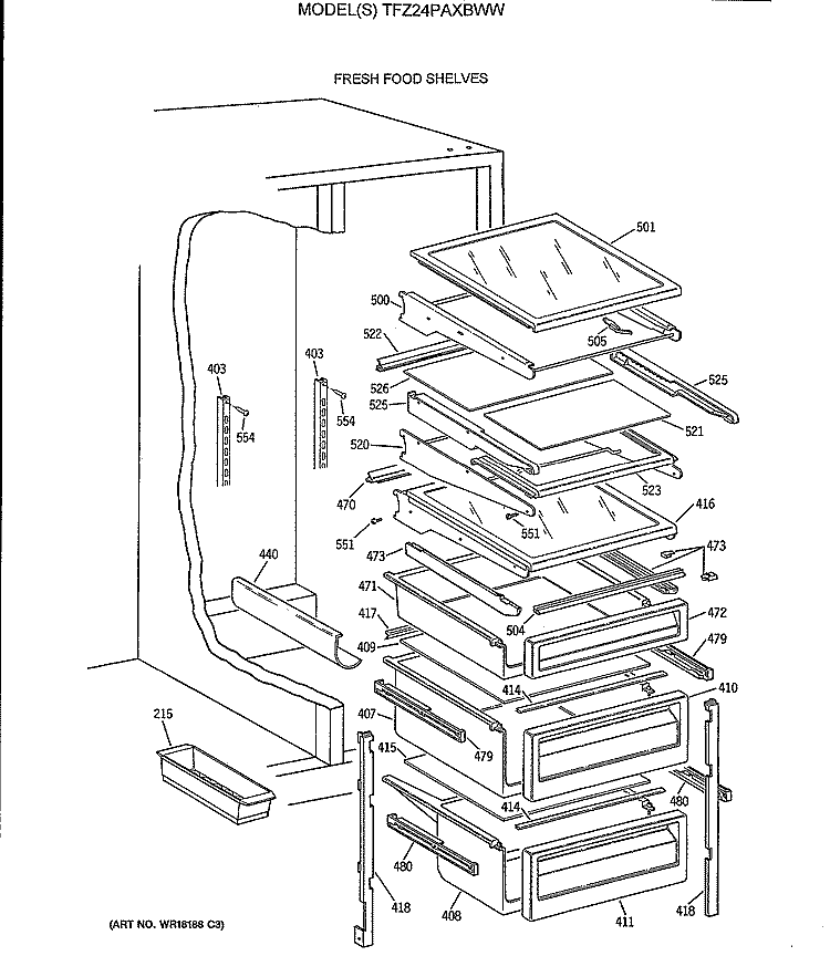 FRESH FOOD SHELVES Diagram and Parts List for TFZ24PAXBWW  General Electric Refrigerator