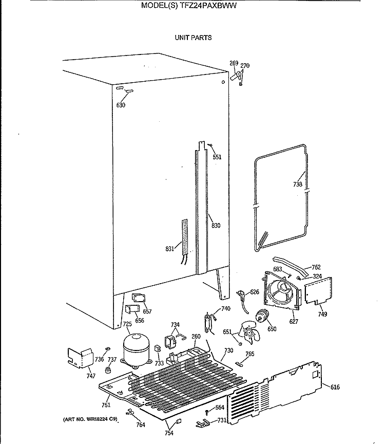 UNIT PARTS Diagram and Parts List for TFZ24PAXBWW  General Electric Refrigerator