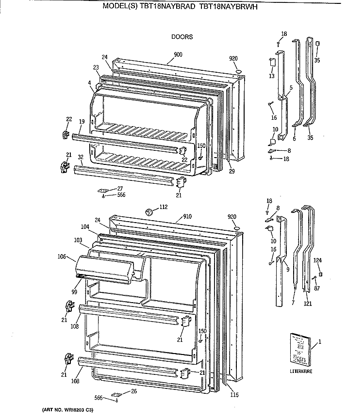 DOORS Diagram and Parts List for TBT18NAYBRWH  General Electric Refrigerator