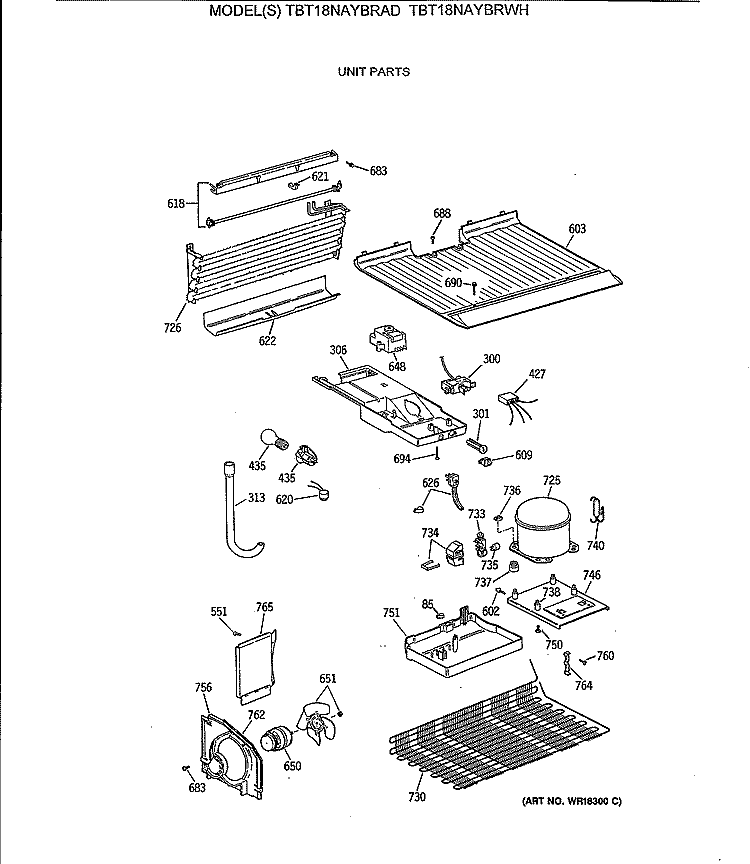 UNIT PARTS Diagram and Parts List for TBT18NAYBRWH  General Electric Refrigerator
