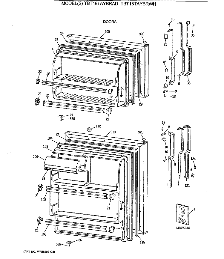 DOORS Diagram and Parts List for TBT18TAYBRAD  General Electric Refrigerator