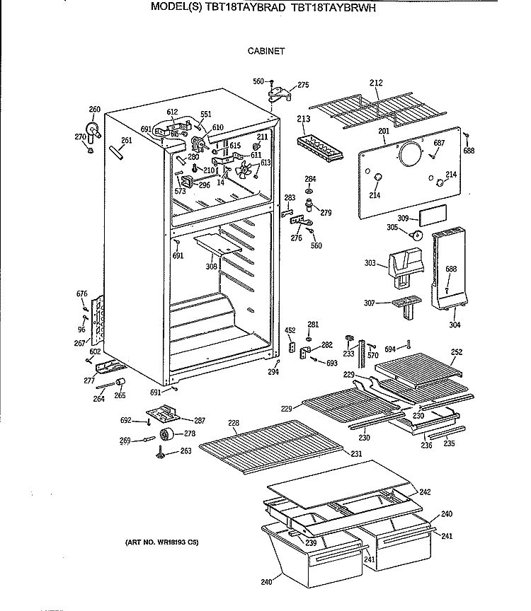 CABINET Diagram and Parts List for TBT18TAYBRAD  General Electric Refrigerator