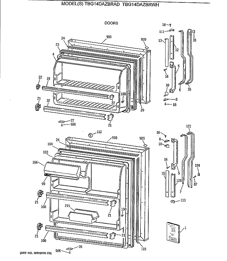 DOORS Diagram and Parts List for TBG14DAZBRWH  General Electric Refrigerator