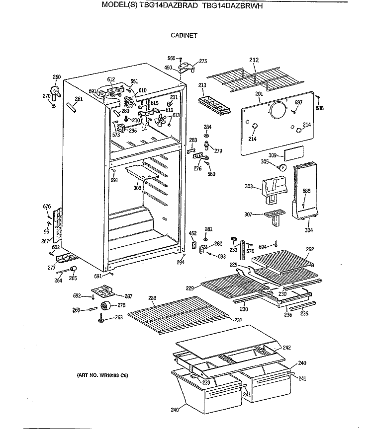 CABINET Diagram and Parts List for TBG14DAZBRWH  General Electric Refrigerator