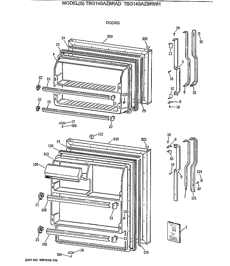 DOORS Diagram and Parts List for TBG14SAZBRWH  General Electric Refrigerator