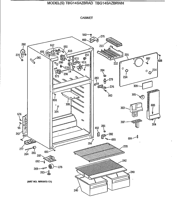 CABINET Diagram and Parts List for TBG14SAZBRWH  General Electric Refrigerator