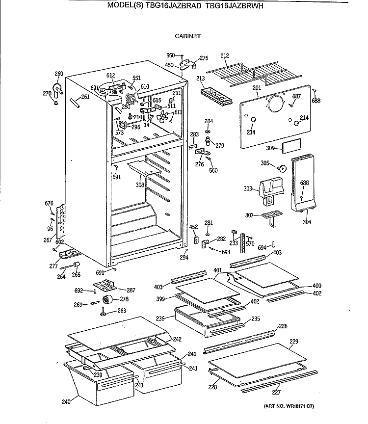 CABINET Diagram and Parts List for TBG16JAZBRAD  General Electric Refrigerator