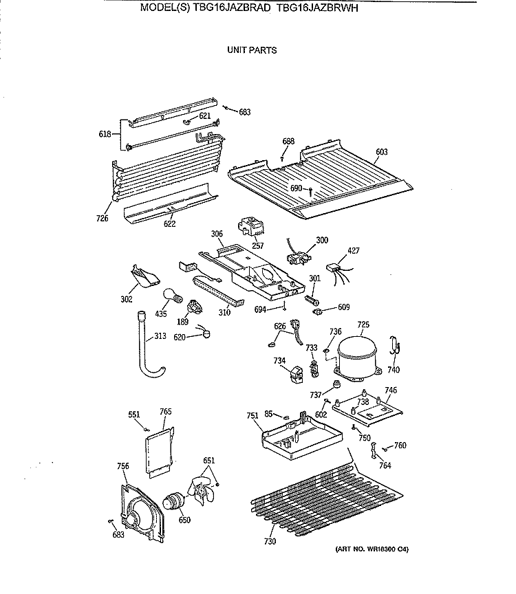 UNIT PARTS Diagram and Parts List for TBG16JAZBRAD  General Electric Refrigerator