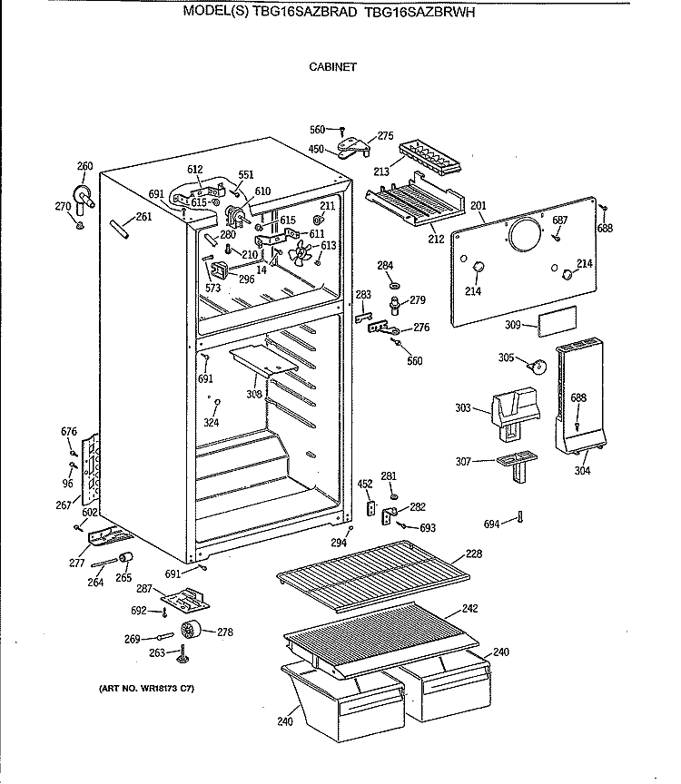 CABINET Diagram and Parts List for TBG16SAZBRWH  General Electric Refrigerator