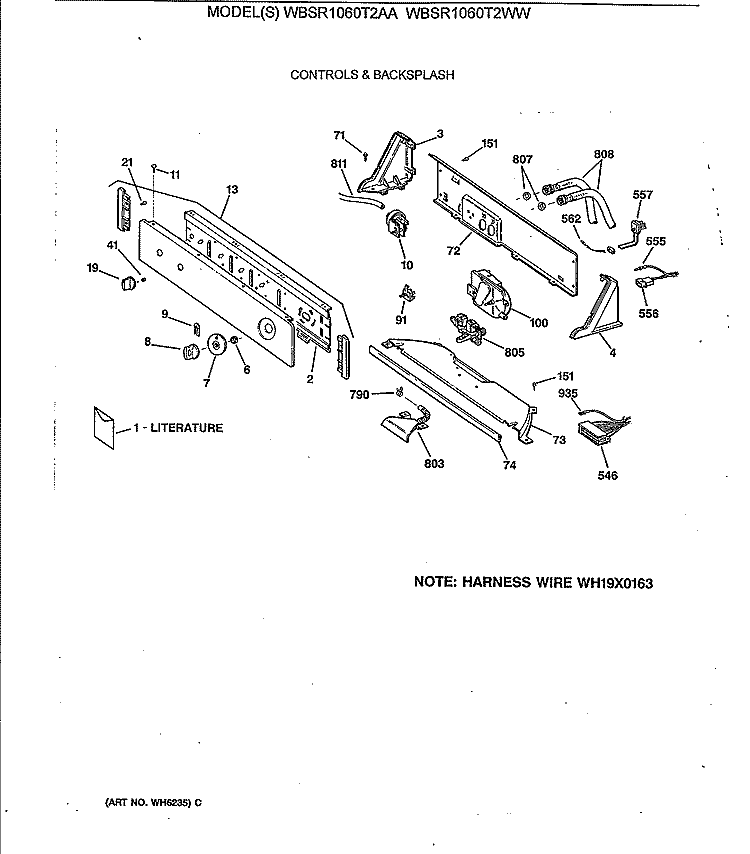 CONTROLS & BACKSPLASH Diagram and Parts List for WBSR1060T2WW  General Electric Washer