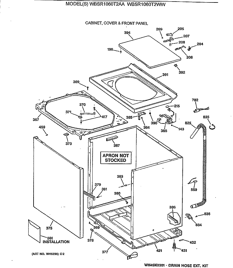 CABINET, COVER & FRONT PANEL Diagram and Parts List for WBSR1060T2WW  General Electric Washer