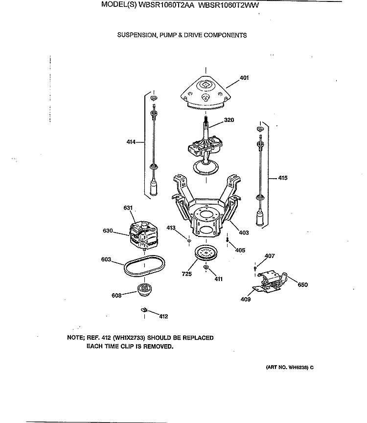 SUSPENSION, PUMP & DRIVE COMPONENTS Diagram and Parts List for WBSR1060T2WW  General Electric Washer