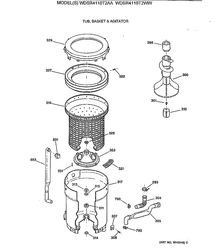 TUB, BASKET & AGITATOR Diagram and Parts List for WDSR4110T2AA  General Electric Washer