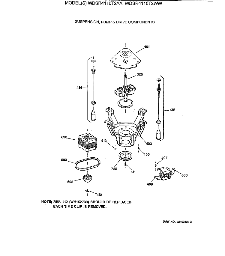 SUSPENSION, PUMP & DRIVE COMPONENTS Diagram and Parts List for WDSR4110T2AA  General Electric Washer