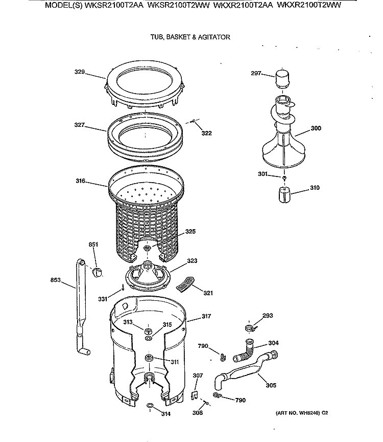 TUB, BASKET & AGITATOR Diagram and Parts List for WKSR2100T2WW  General Electric Washer