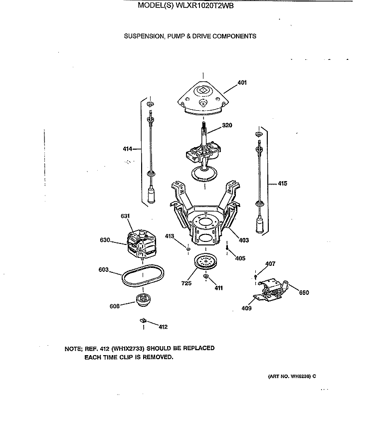 SUSPENSION, PUMP & DRIVE COMPONENTS Diagram and Parts List for WLXR1020T2WB  General Electric Washer