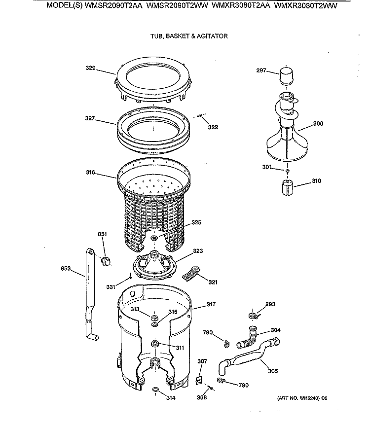 TUB, BASKET & AGITATOR Diagram and Parts List for WMSR2090T2AA  General Electric Washer