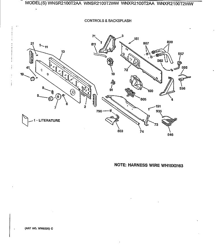 CONTROLS & BACKSPLASH Diagram and Parts List for WNXR2100T2WW  General Electric Washer