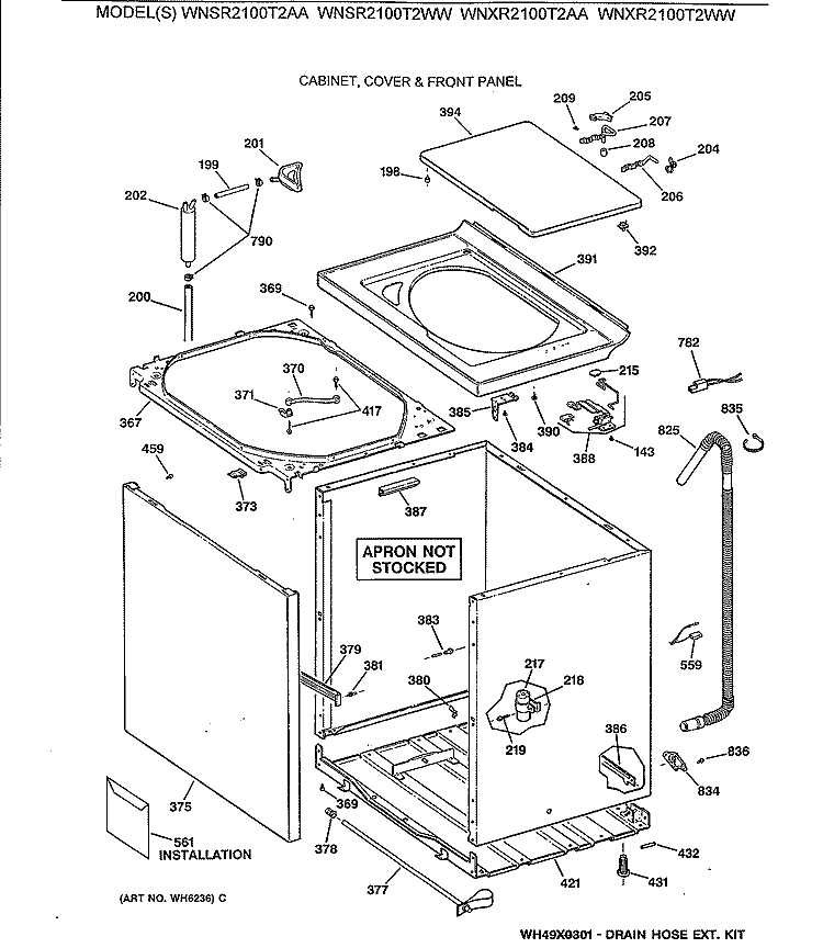 CABINET, COVER & FRONT PANEL Diagram and Parts List for WNXR2100T2WW  General Electric Washer