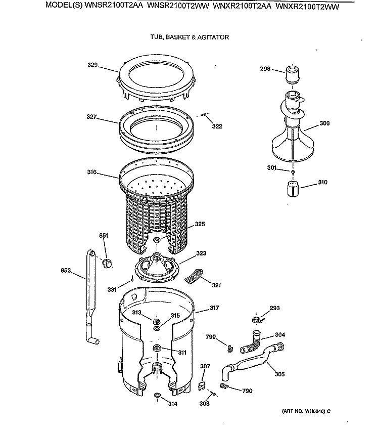 TUB, BASKET & AGITATOR Diagram and Parts List for WNXR2100T2WW  General Electric Washer