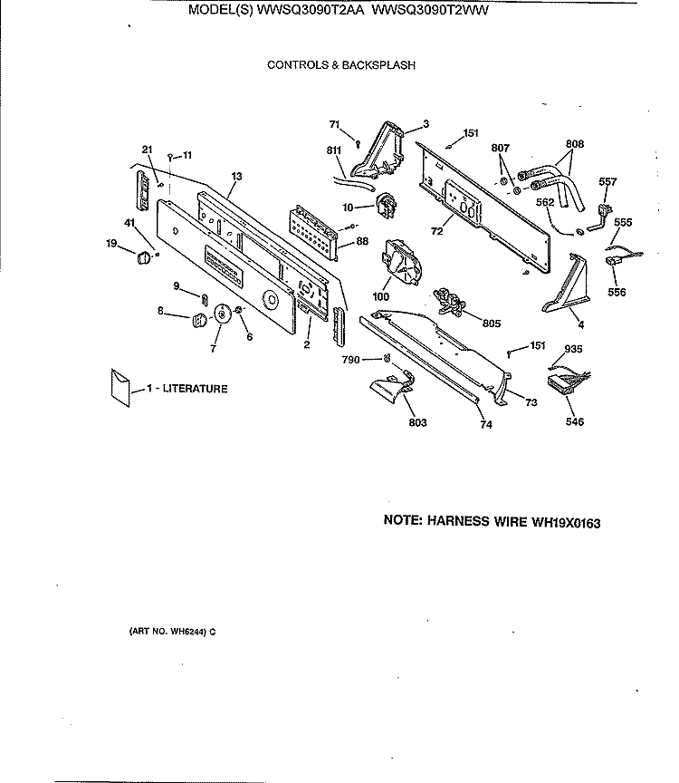CONTROLS & BACKSPLASH Diagram and Parts List for WWSQ3090T2WW  General Electric Washer