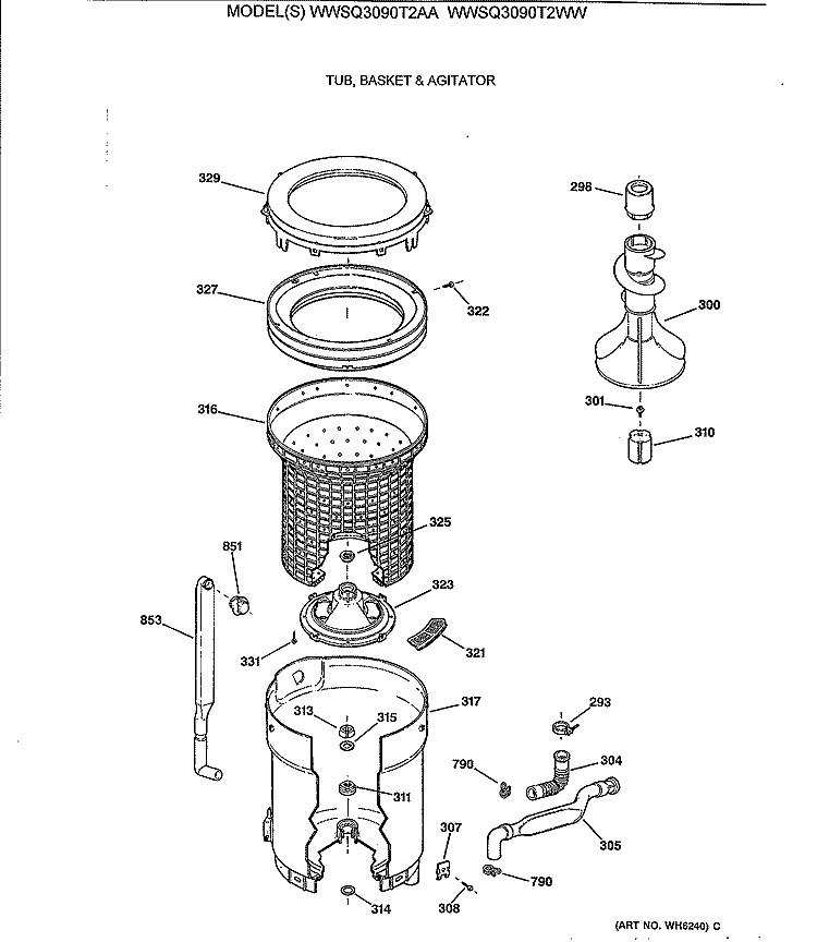 TUB, BASKET & AGITATOR Diagram and Parts List for WWSQ3090T2WW  General Electric Washer