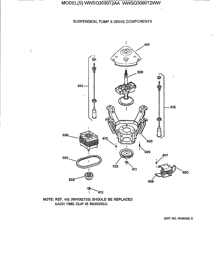 SUSPENSION, PUMP & DRIVE COMPONENTS Diagram and Parts List for WWSQ3090T2WW  General Electric Washer