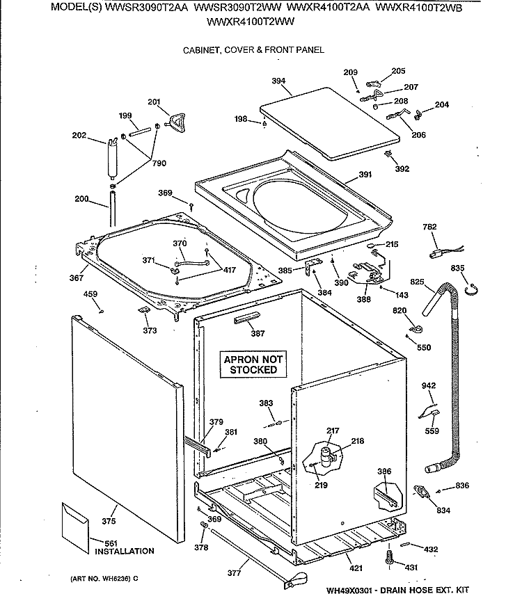 CABINET, COVER & FRONT PANEL Diagram and Parts List for WWSR3090T2WW  General Electric Washer