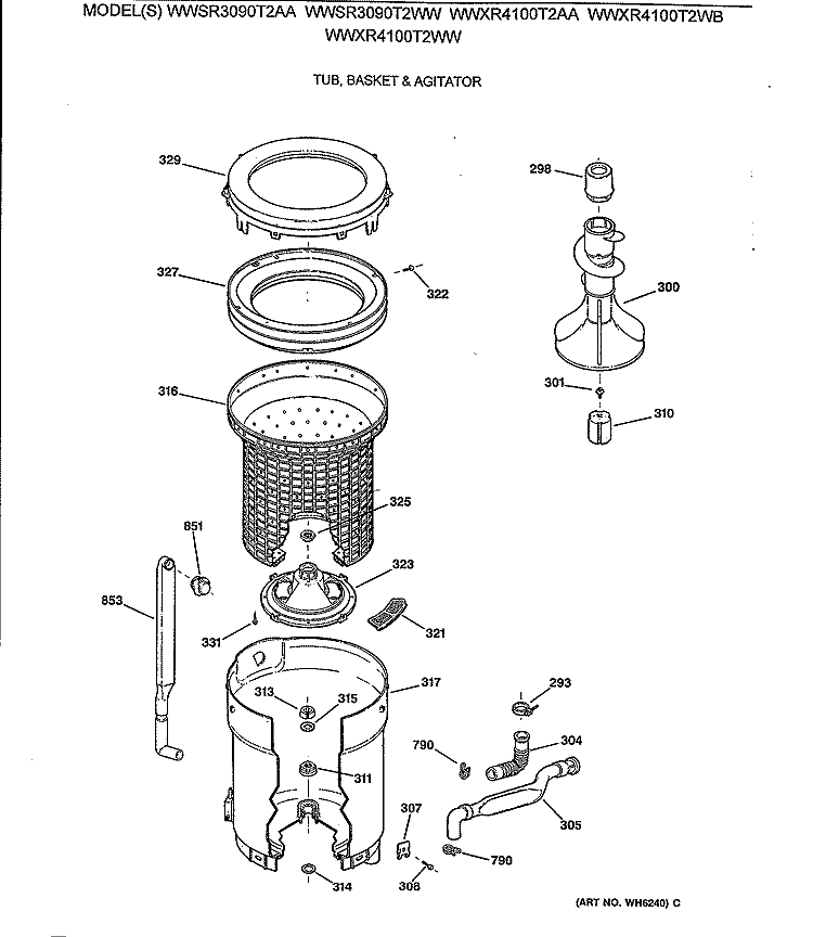TUB, BASKET & AGITATOR Diagram and Parts List for WWSR3090T2WW  General Electric Washer
