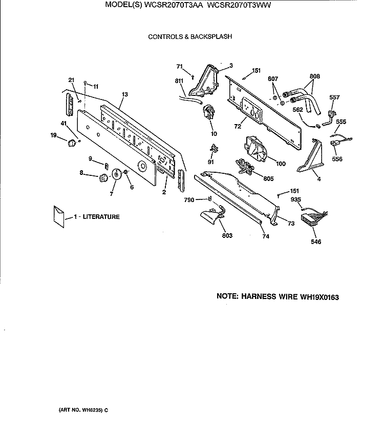 CONTROLS & BACKSPLASH Diagram and Parts List for WCSR2070T3WW  General Electric Washer