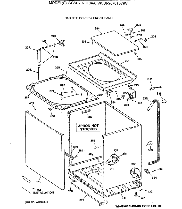 CABINET, COVER & FRONT PANEL Diagram and Parts List for WCSR2070T3WW  General Electric Washer