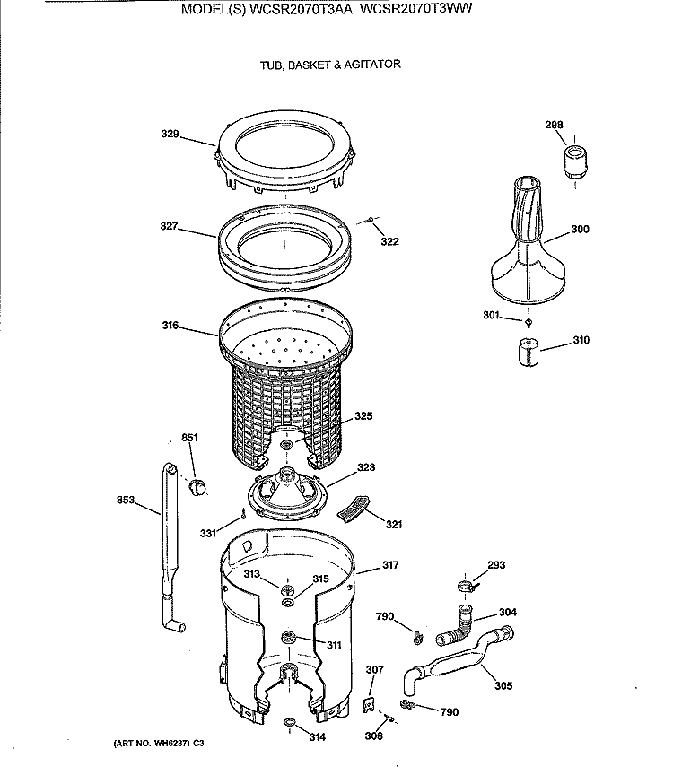TUB, BASKET & AGITATOR Diagram and Parts List for WCSR2070T3WW  General Electric Washer