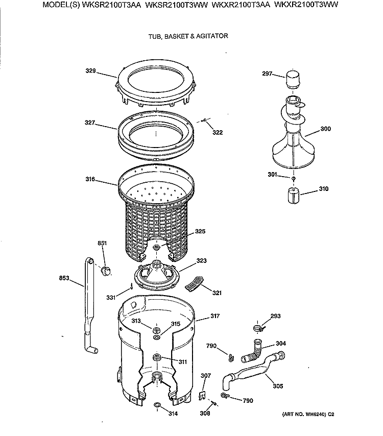 TUB, BASKET & AGITATOR Diagram and Parts List for WKSR2100T3AA  General Electric Washer