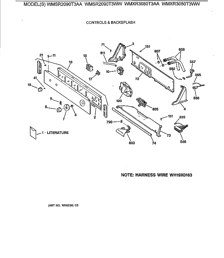 CONTROLS & BACKSPLASH Diagram and Parts List for WMSR2090T3AA  General Electric Washer