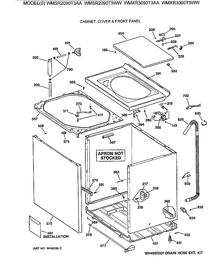 CABINET, COVER & FRONT PANEL Diagram and Parts List for WMSR2090T3AA  General Electric Washer