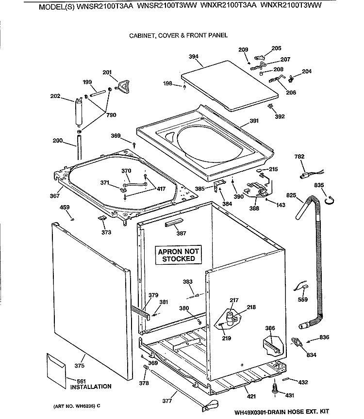 CABINET, COVER & FRONT PANEL Diagram and Parts List for WNSR2100T3WW  General Electric Washer