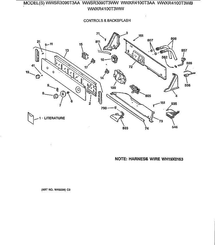 CONTROLS & BACKSPLASH Diagram and Parts List for WWSR3090T3AA  General Electric Washer