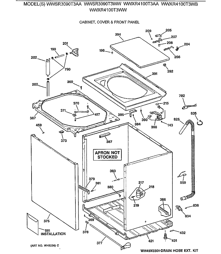 CABINET, COVER & FRONT PANEL Diagram and Parts List for WWSR3090T3AA  General Electric Washer