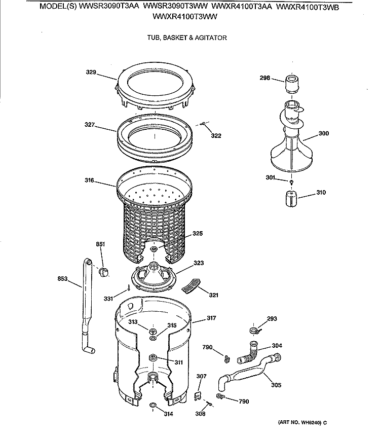TUB, BASKET & AGITATOR Diagram and Parts List for WWSR3090T3AA  General Electric Washer