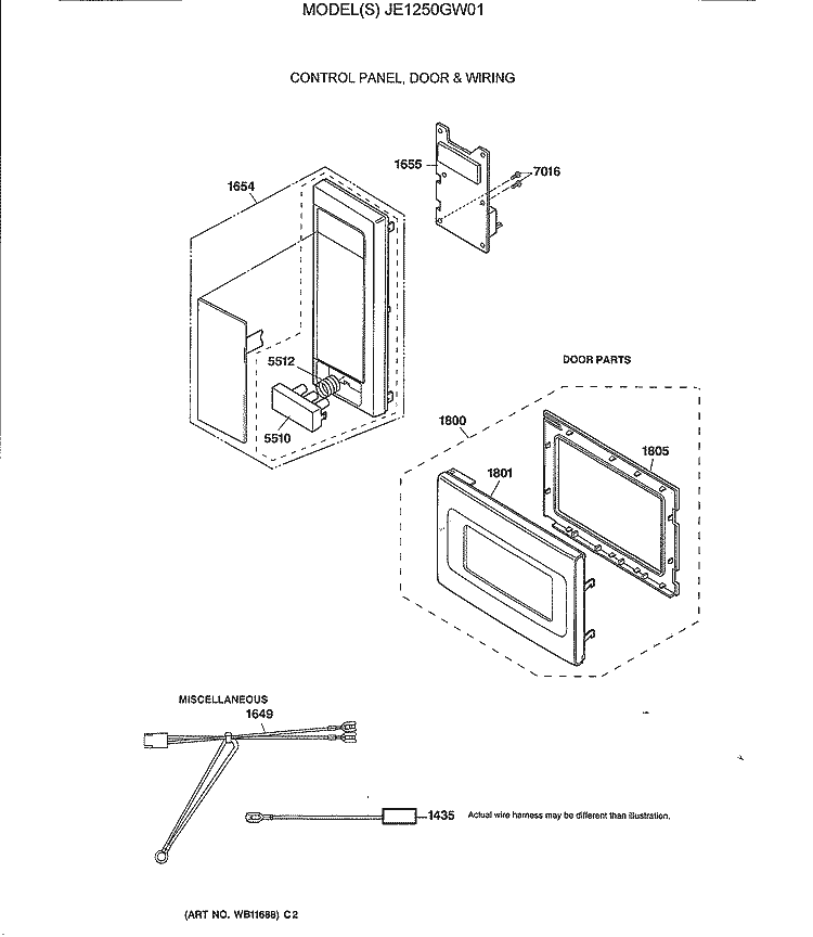 CONTROL PANEL, DOOR & WIRING Diagram and Parts List for JE1250GW01  General Electric Microwave