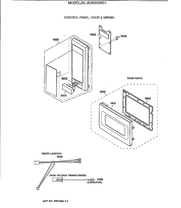 CONTROL PANEL, DOOR & WIRING Diagram and Parts List for JE950GW01  General Electric Microwave