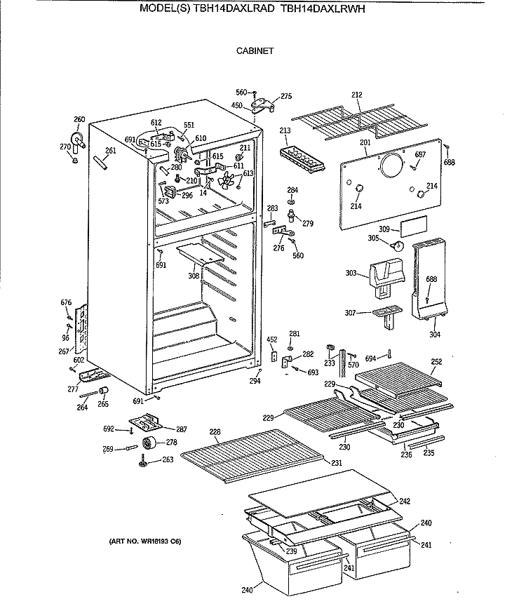 CABINET Diagram and Parts List for TBH14DAXLRWH  General Electric Refrigerator