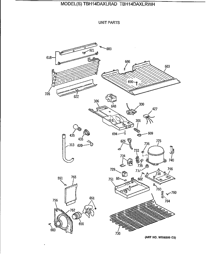 UNIT PARTS Diagram and Parts List for TBH14DAXLRWH  General Electric Refrigerator